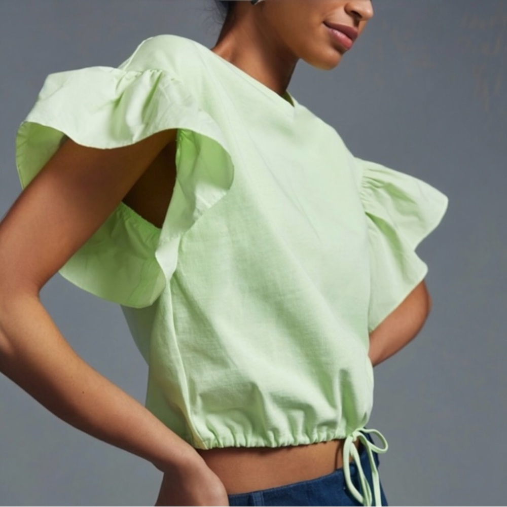 NEW Anthropologie Maeve Lime Green Ruffled Sleeve Top Size XS